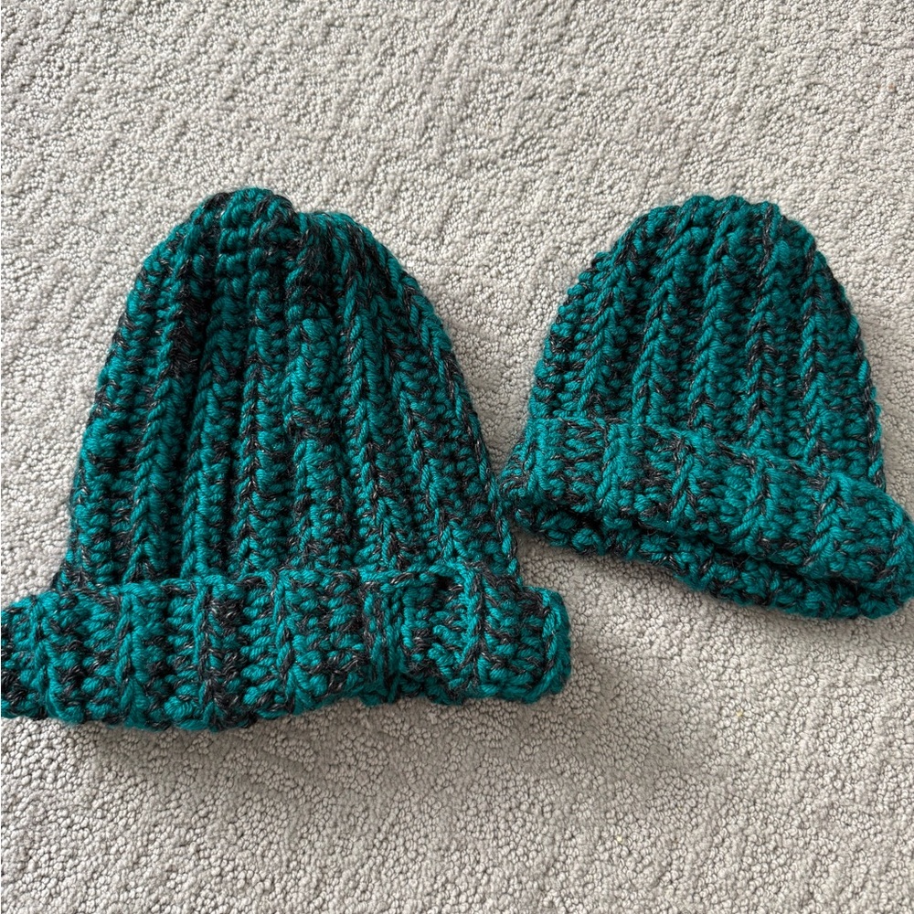 Handmade Teal & Black Knit Beanie - Mommy and me